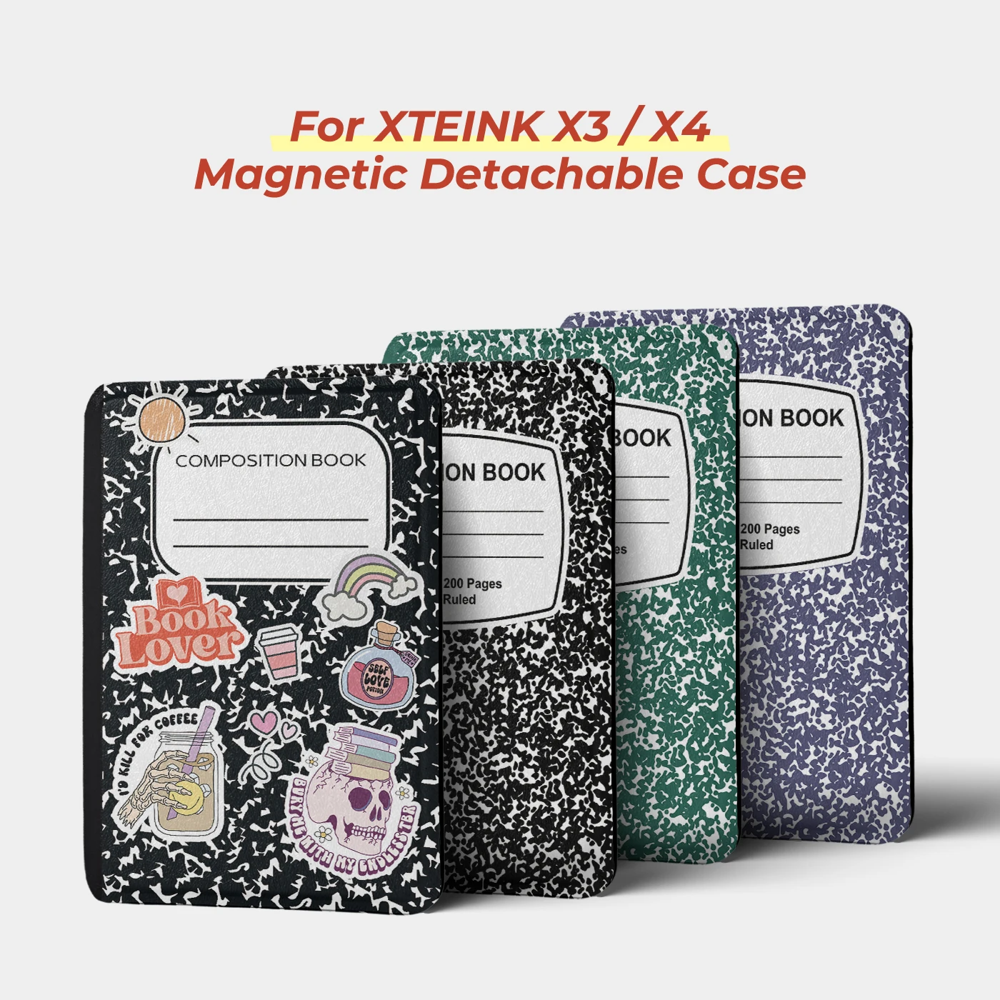twosheep Composition Book Magnetic Case suit for XTEINK X4 X3 Detachable TPU Clear Back Protective Skin Folio Shell Cover
