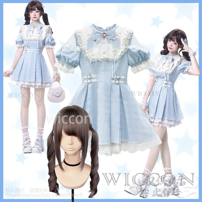 

Jirai Kei Girls Cosplay Anime Japanese Aqua Sweet Lolita Bow Lace Ruffles Off Shoulder Gothic Y2k Kawaii Halloween Party Cos
