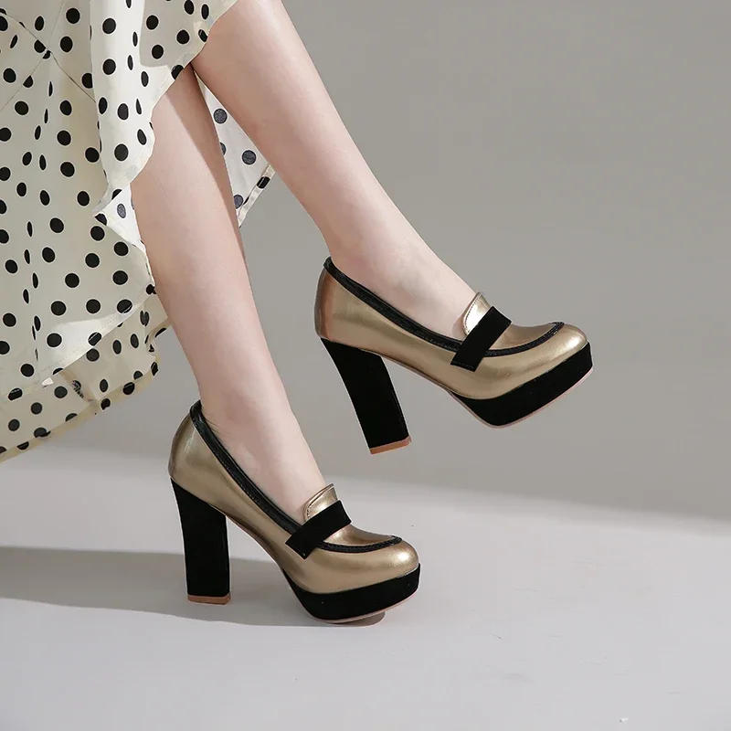 Big Size Red Silver Women Platform Pumps High Chunky Heel Party Office Lady Chain Patent Leather Round Toe Slip On Dress Loafers view 3