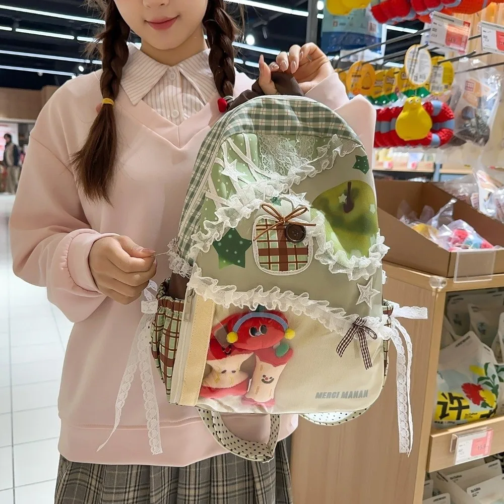 Apple Star Pattern Ita Bag Portable Transparent Layer Lace Plaid Backpack Bolsas Feminina Bags Fun Bag Fresh Sweet Backpack
