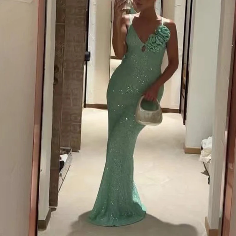 Women Luxury 2025 Rose Suspender Sequins Gowns Dress 2025 V-Neck Glitter Evening Dress Sexy Slim Green Party Robes Vestidos