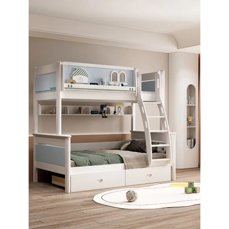 Children's Full Solid Wood Bunk Bed High Low Two-Layer Mother Child Bed with Ladder Cabinet and Easy Assembly