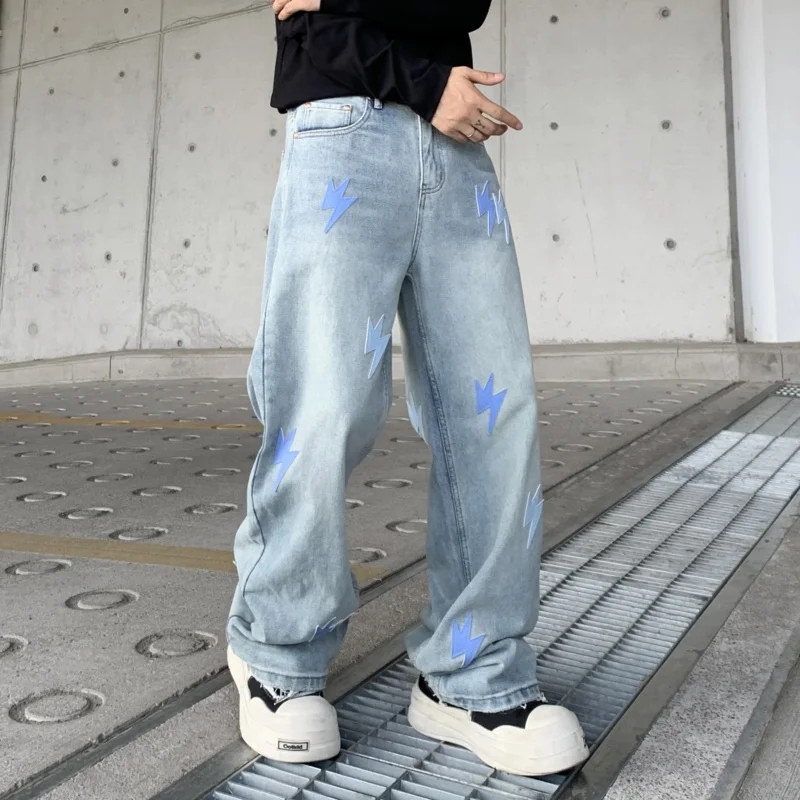 

14010-2 American high-end new tide loose wide-leg hundred hundred hip-hop car leather jeans male