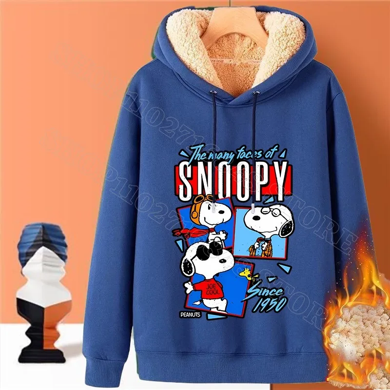 Snoopy Adult Hooded Sweatshirt Women Men Winter Fleece Thickened Clothes Winterize Warm Cartoon Character Print Streetwear Gifts
