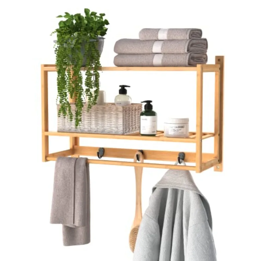 

Bamboo Wall Shelf with Towel Bar 3 Hooks Wall Mount Storage Shelves 2 Tier Organizer Rack Natural Finish
