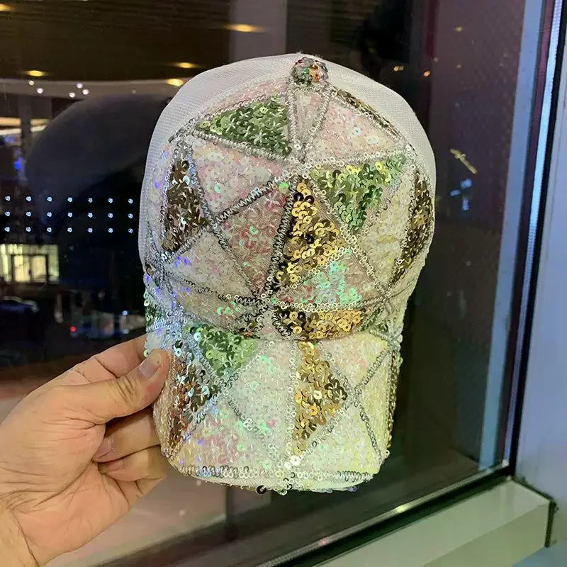 Shiny Colorful Sequin Baseball Cap Breathable Mesh Back Adjustable Fit for Summer Beach Outdoor Daily Wear