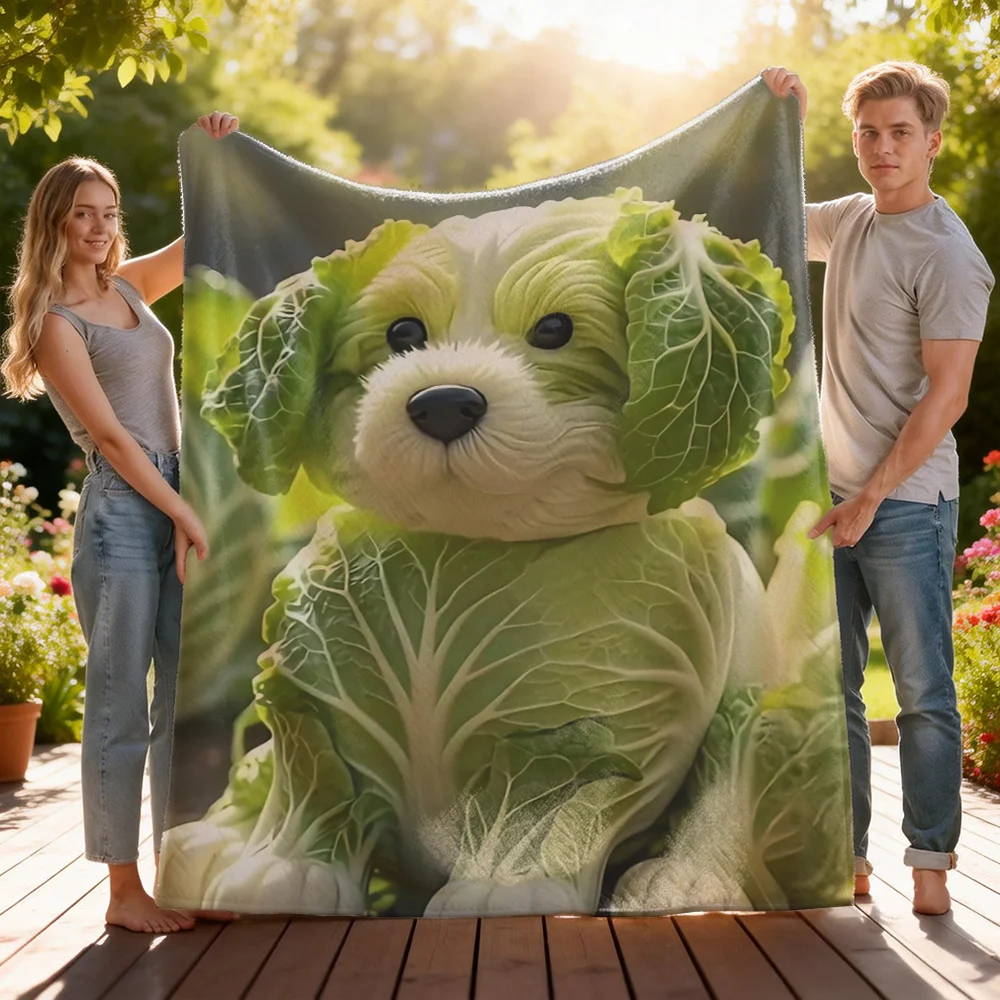 Cute Dog Cabbage Flannel Throw Blanket Polyester Couch Decor Novelty Picnic Theme Throw for Living Room Pet Lover Gift