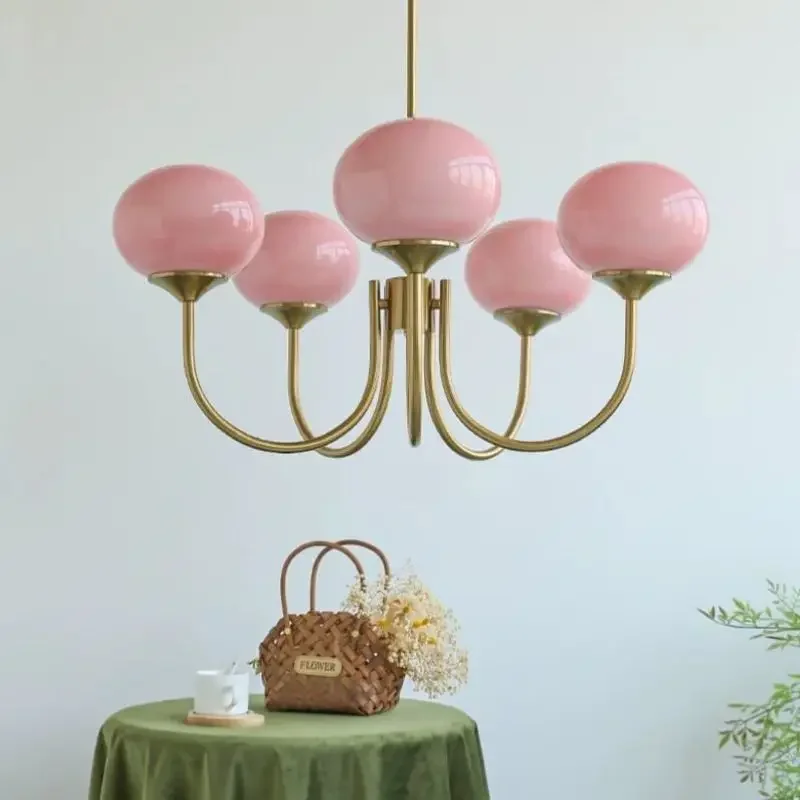 SANDYHA Modern Simple Cream Style Chandeliers Pink Glass Ball Pendant Light for Living Room Bedroom Indoor Led Lamp Home Decor