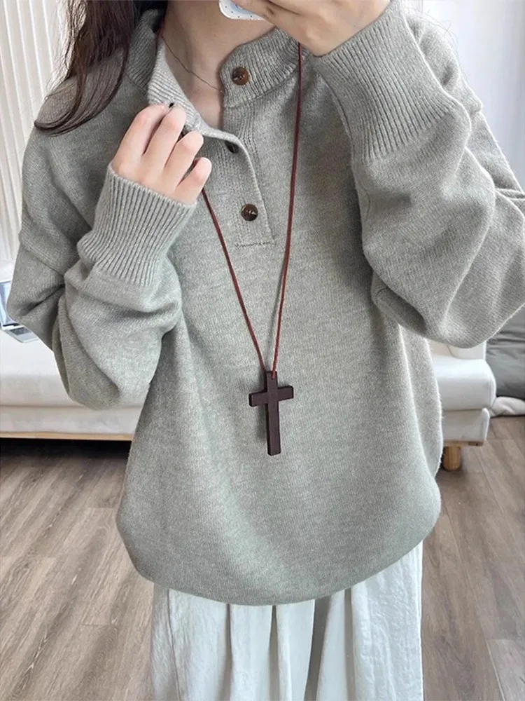 

Свитер с воротником Генри в стиле ретро для мужчин и женщин, осенний свитер Cleanfit, ленивый вязаный базовый слой, свободный крой, обычный све