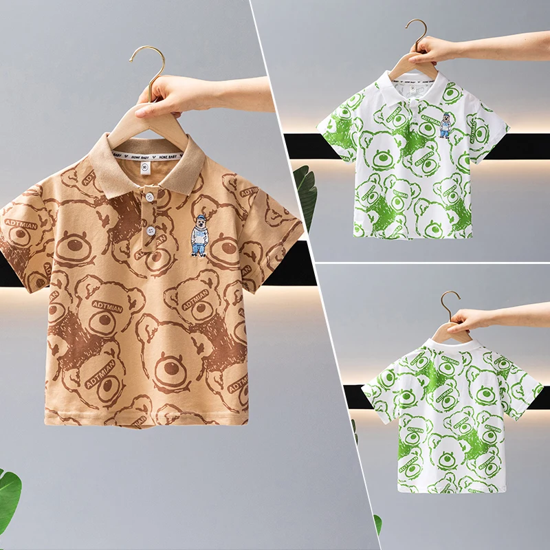 Summer Boys 2024 Casual Print Bear Button Pullover Short sleeved T-shirt Polo Shirt Children\'s Clothing 1-7Y