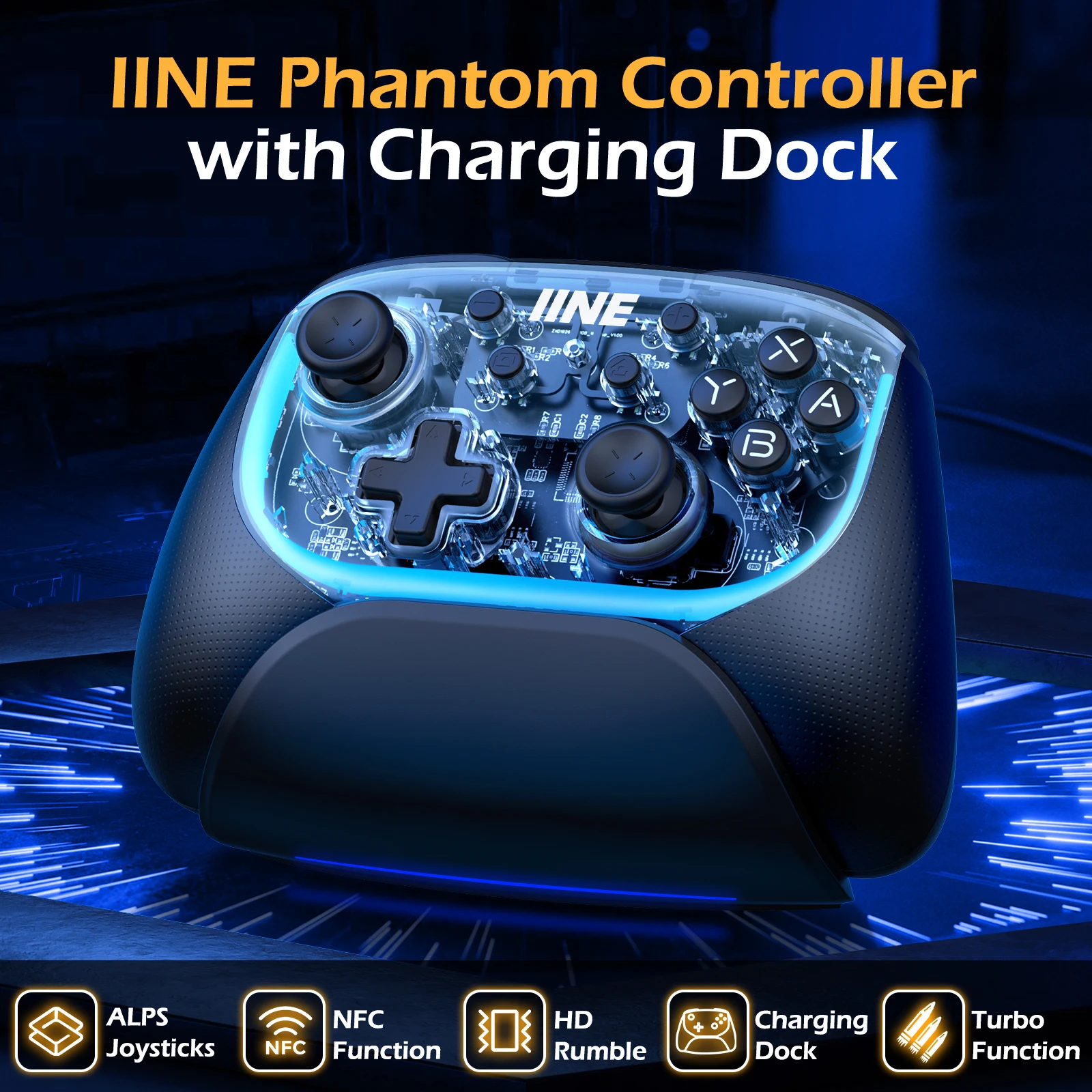 INE Phantom controller with charging Dock / HD Rumble & Support Scan Amiibo & 2000-eveI ALPSJoysticks Precision & MACRO PROGRAMM