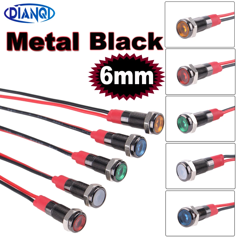 

1 шт. 6 мм оксидированный черный предупреждающий светодиодный металлический индикатор, контрольная сигнальная лампа 6 В 12 В 24 В 220 В с проводом, красный, желтый, синий, зеленый