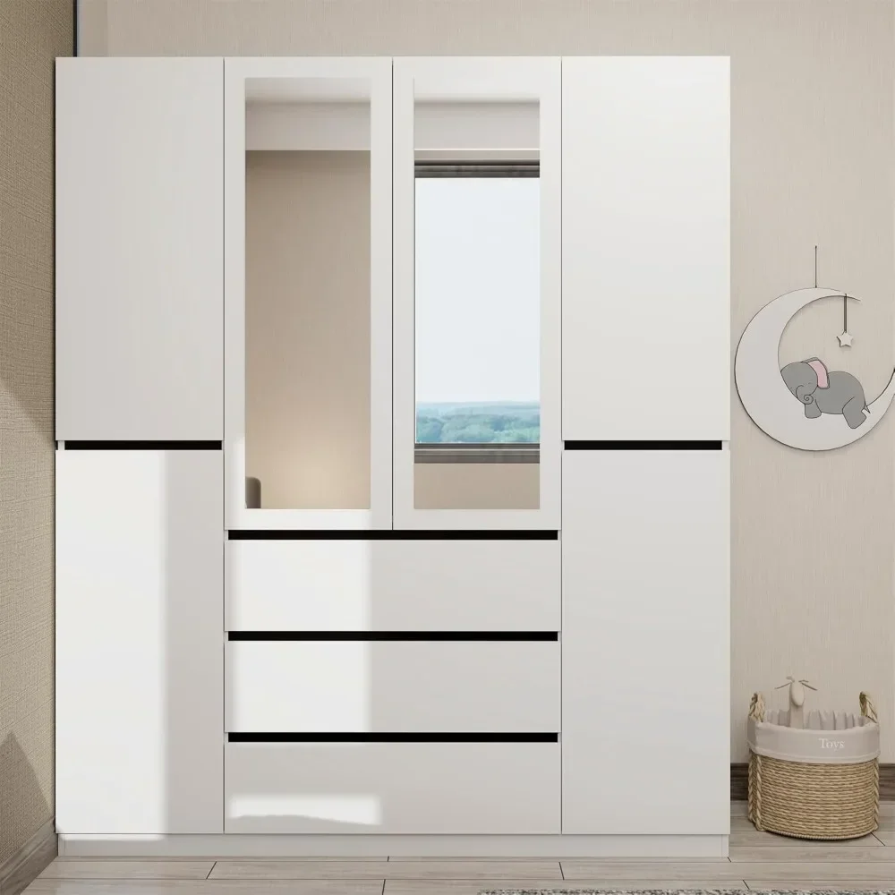 

6 Doors Armoire Wardrobe Closet, Wardrobe Closet with 3 Drawers, Freestanding Wood Wardrobes with 5 Hanging Rod and 2 Mirrors
