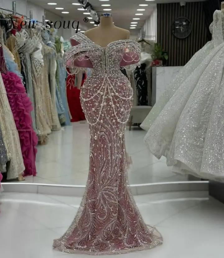 Soft Pink Pearls Beaded Crystals Mermaid Evening Dresses 2025 Customized Long Off Shoulder Wedding Party Gowns Formal Prom Robes