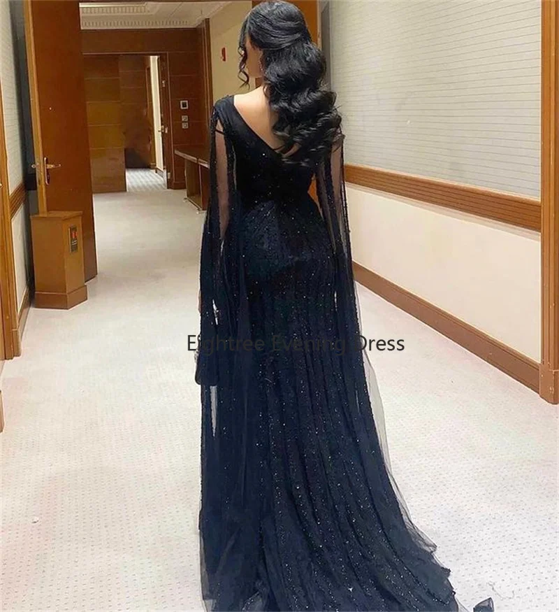 Eightree Black Elegant Mermaid Evening Dresses Long V-Neckline With Cape Sequined Formal Prom Dress Robe De Soiree De Mariage