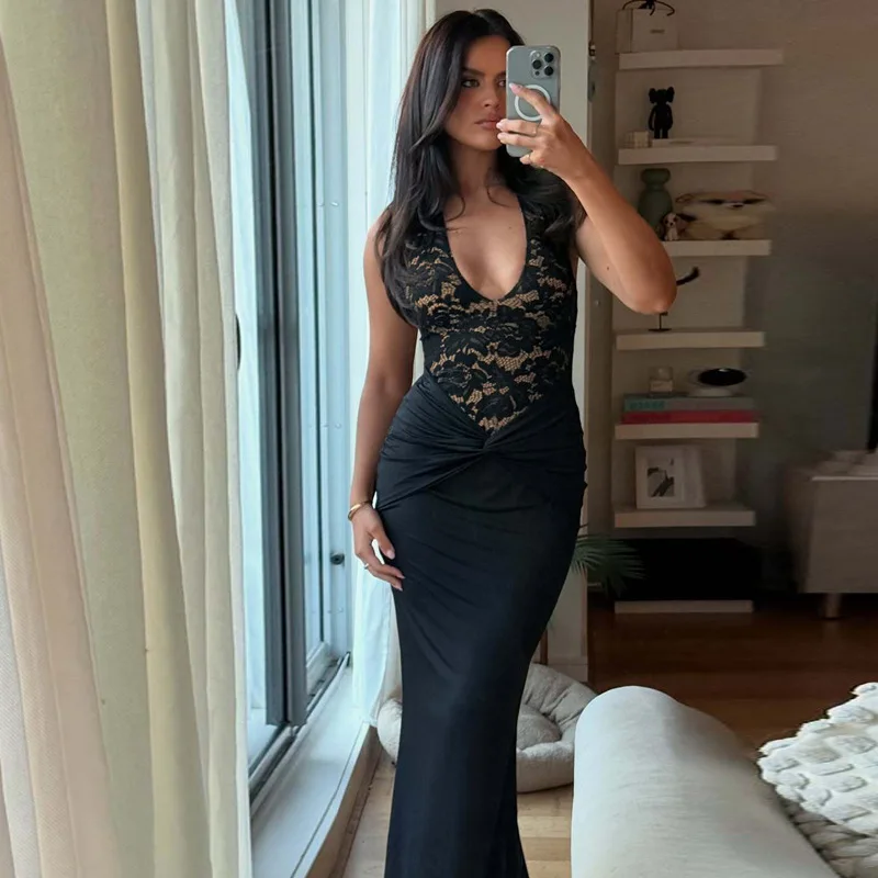 Twist Patchwork encaje ceñido al cuerpo Maxi vestido de fiesta mujeres cuello en V con cordones Halter espalda descubierta ajustado graduación cumpleaños vestido largo de noche
