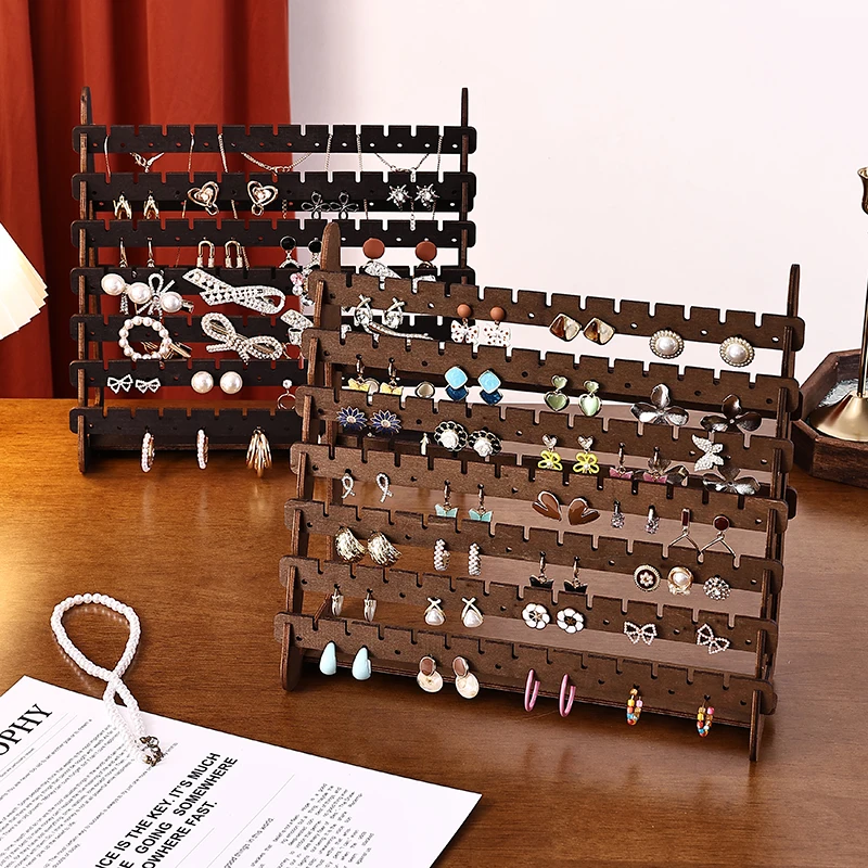 Expositor de Pendientes de Madera, Organizador de Joyas Multicapa Color Nogal para Pendientes de Botón y Aros, Soporte de Gran Capacidad para Pendientes para Vitrina