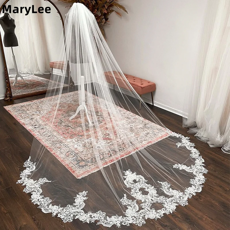 

Luxury One-Layer Embroidery Lace Wedding Veil Cathedral Long Bride 3 Meters Church Veils White Ivory Bridal Veil with Comb
