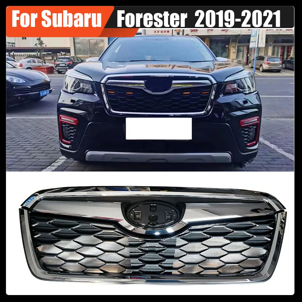 

For Subaru Forester 2019-2021 Bumper Grille Abs Sport X-Break Style Front Grill Mesh Kit Upper-Lower Gloss Black W. Chrome Frame