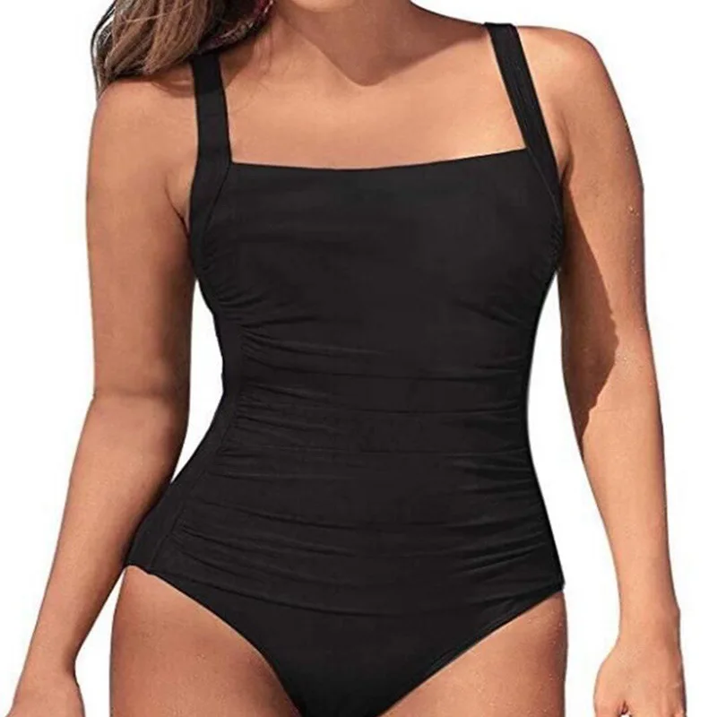 New Explosive European and American Sexy Solid Color Pleated Women One-piece Swimsuit Swimsuit