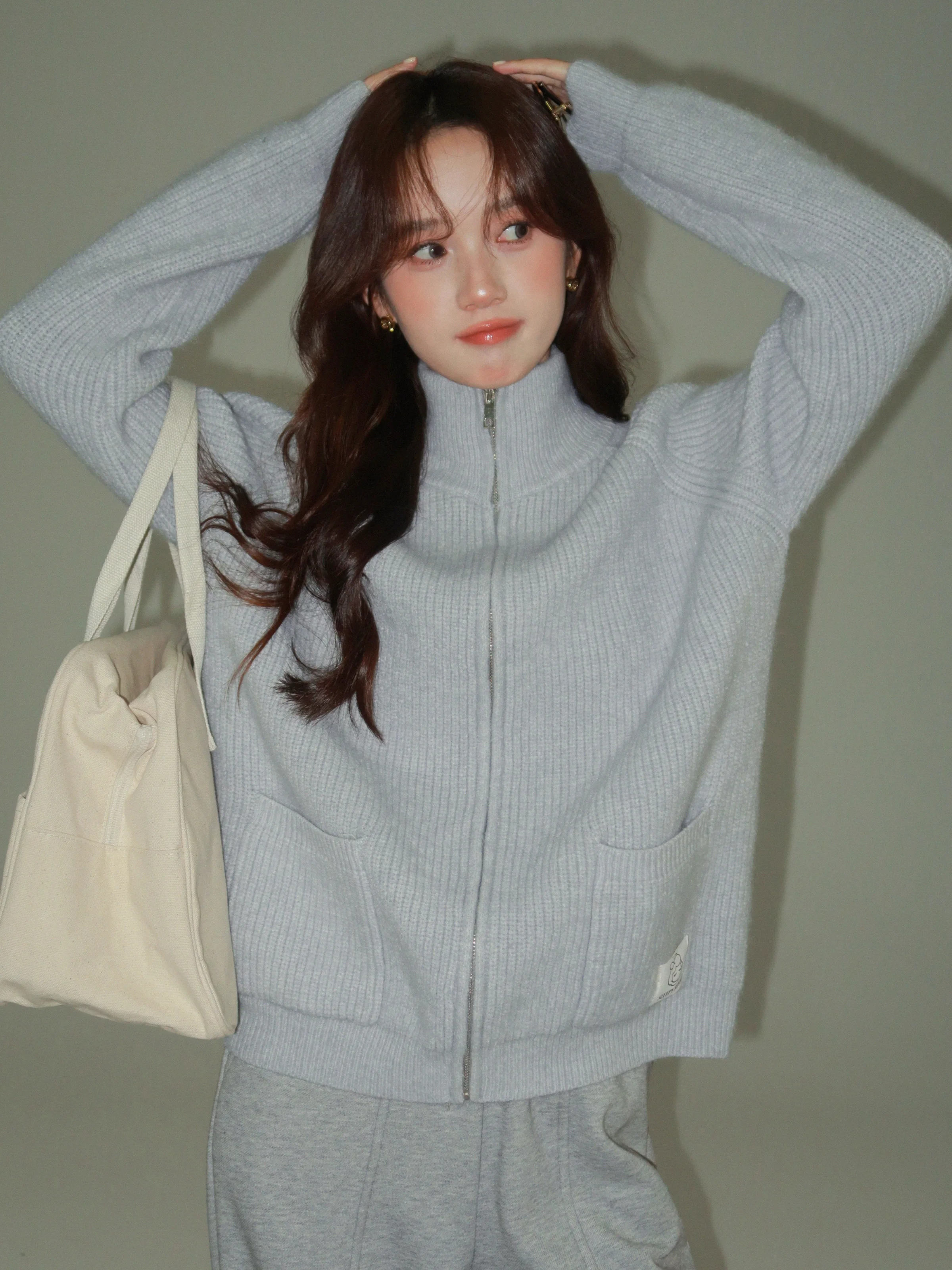 Casual Loose Sweater Zipper Knit Cardigan Spring Stand Collar Raglan Jacket for Women Fashionable Comfortable Layering Outfit