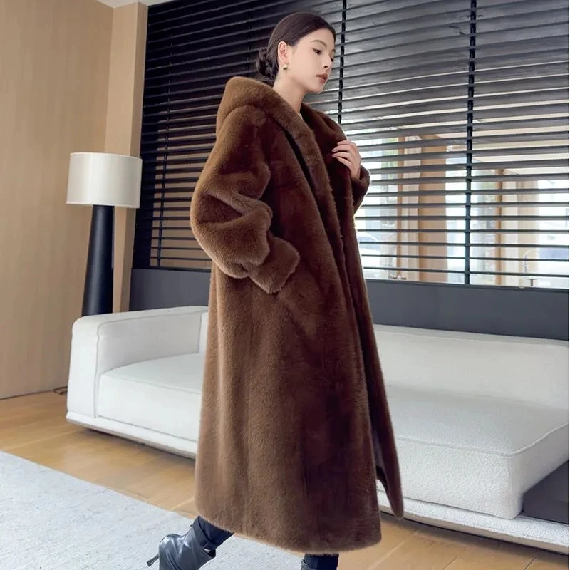 High End Fashion Hooded Long Fur Jacket For Women Winter Thicken Warm Imitation Mink Fur Overcoat Female Loose Faux Fur Coat