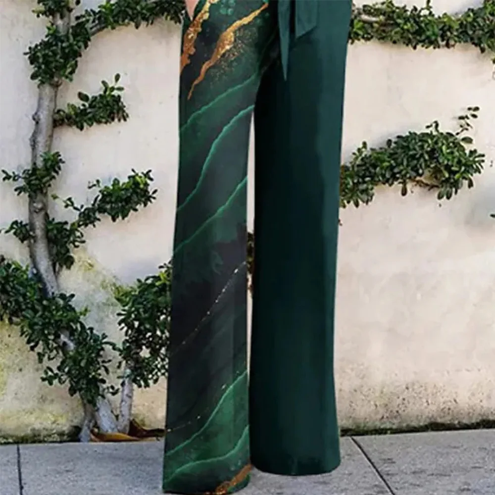 Print weites Bein gerade Hose ein Stück Frau lange Overalls elegante neue lässige Overalls drehen Kragen Schnürung Stram pler