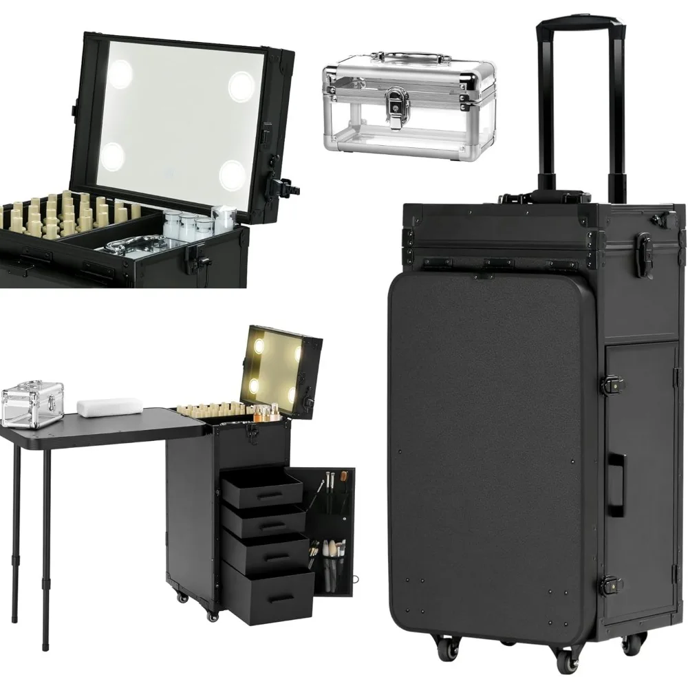 

Rolling Manicure Table with LED Mirror, Portable Nail Desk Mobile Nail Station w/Wrist Pad, Acrylic Case, Foldable Desk & 4 Draw
