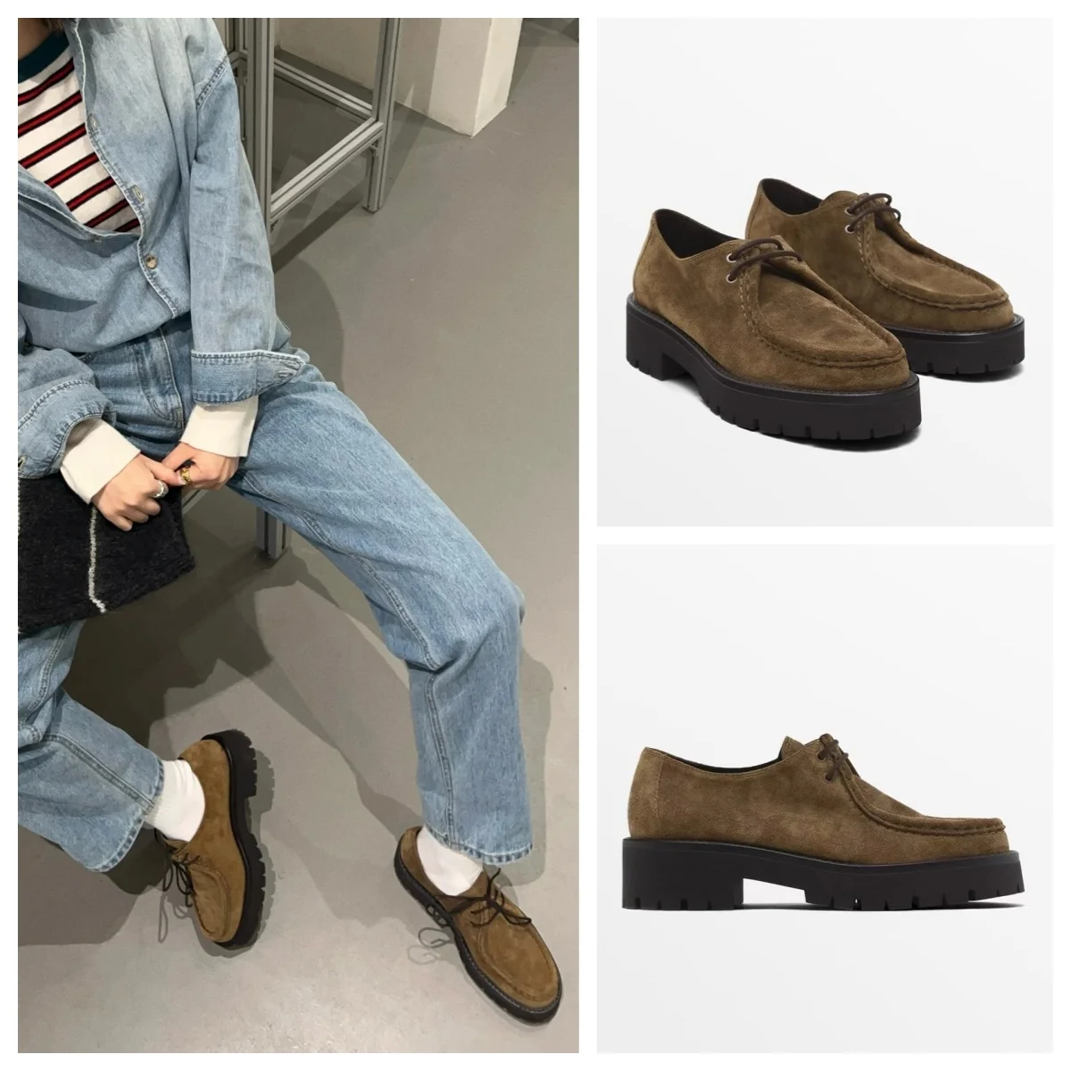 Mocassim elegante feminino, bico redondo, sola grossa, couro genuíno, cadarço, camurça, sapato ao ar livre, diário, confortável