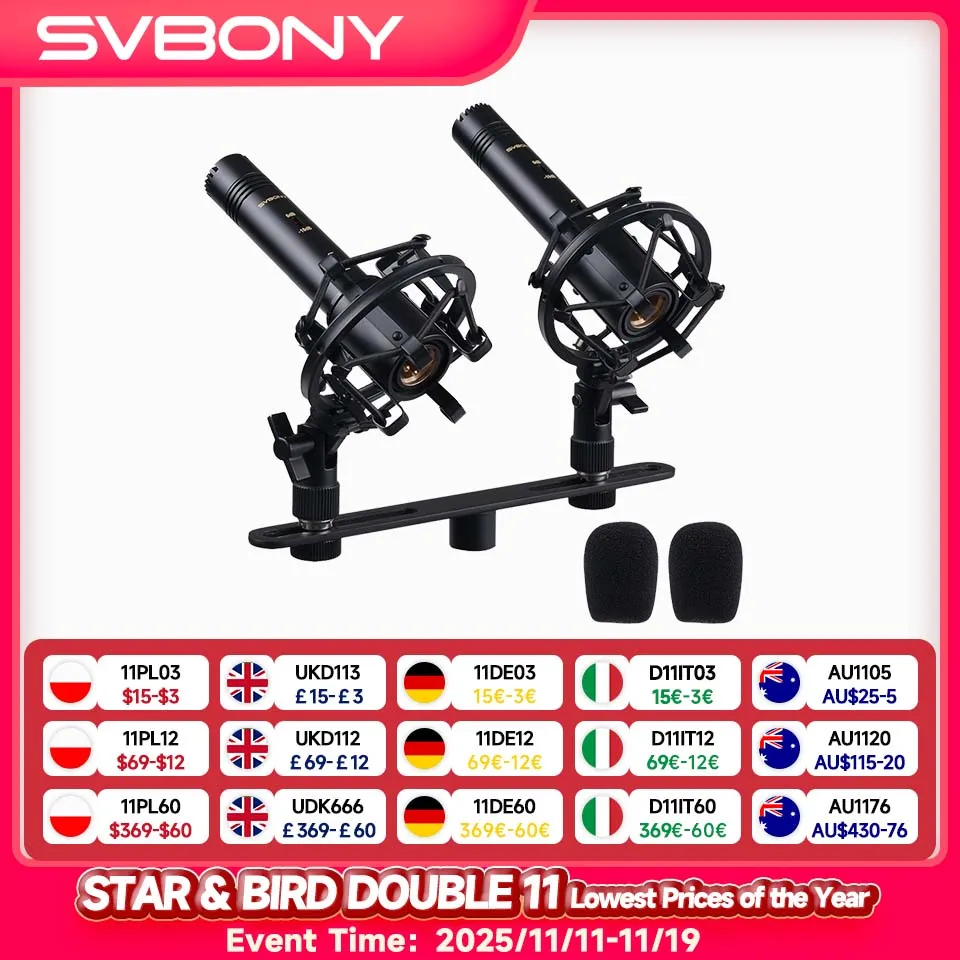 

Svbony SVMic M1 with Two Metal Microphone 20Hz～20KHz Built-in Shock Mount and Windscreen XLR for Studio Vocals Instruments