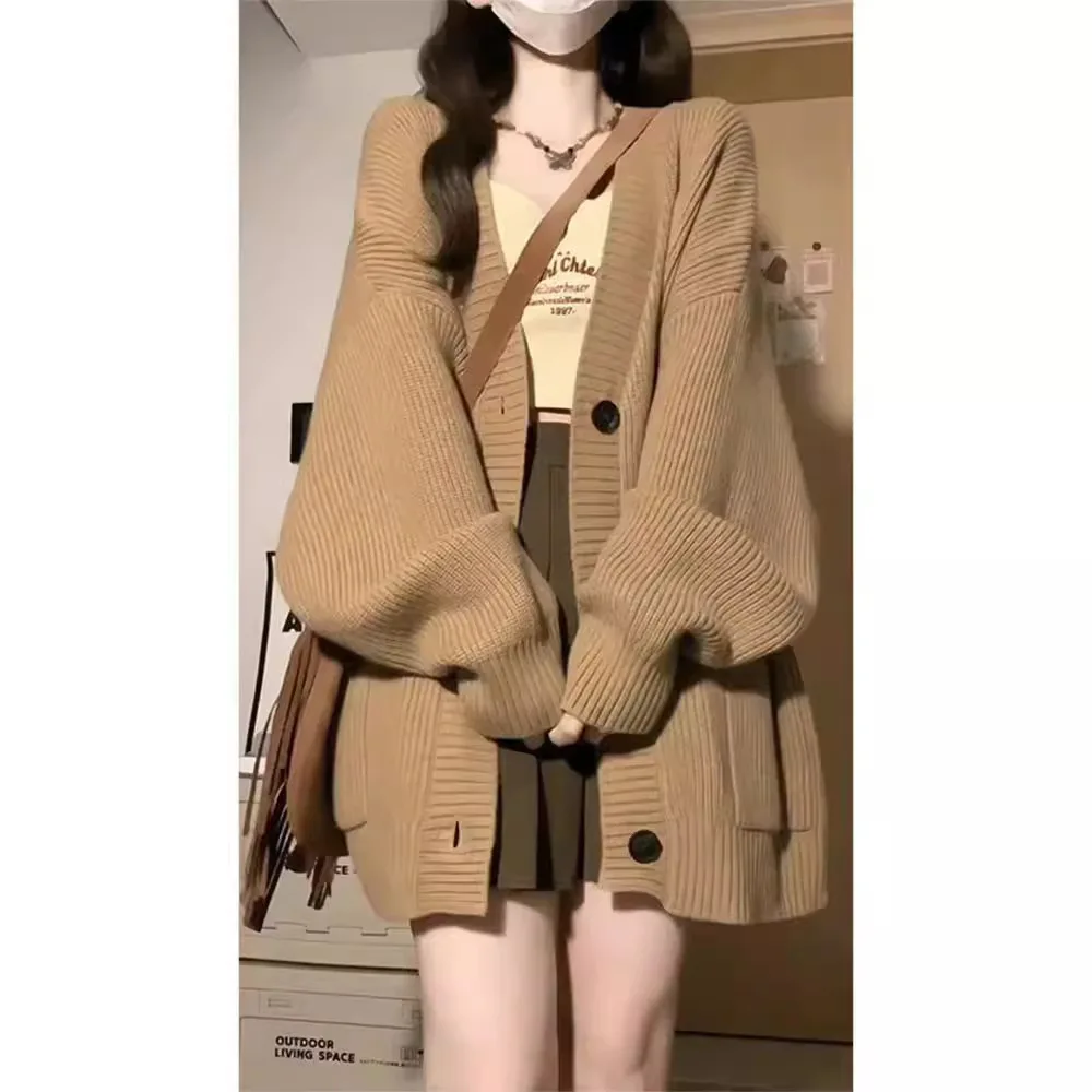 Sweater Women 2024 Fashion Autumn Winter New Loose V Neck Button Lantern Sleeve Solid Color Cardigan Cardigan Women BD4021