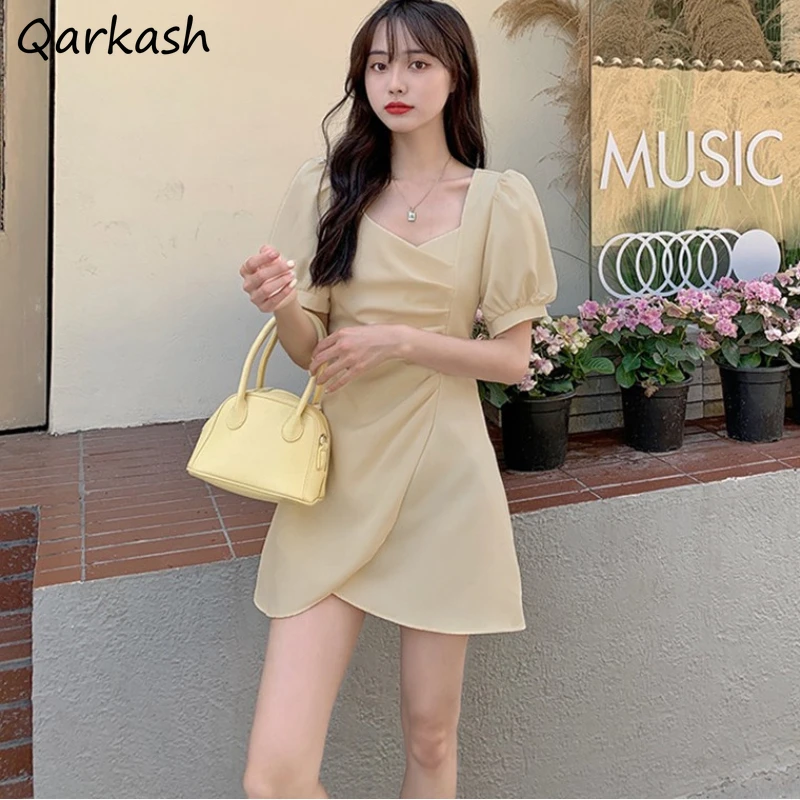 

Mini Dresses Women Folds Pure Fashion Design Elegant Temperament Korean Style Ladies Casual Simple Tender Summer Daily Soft Ins