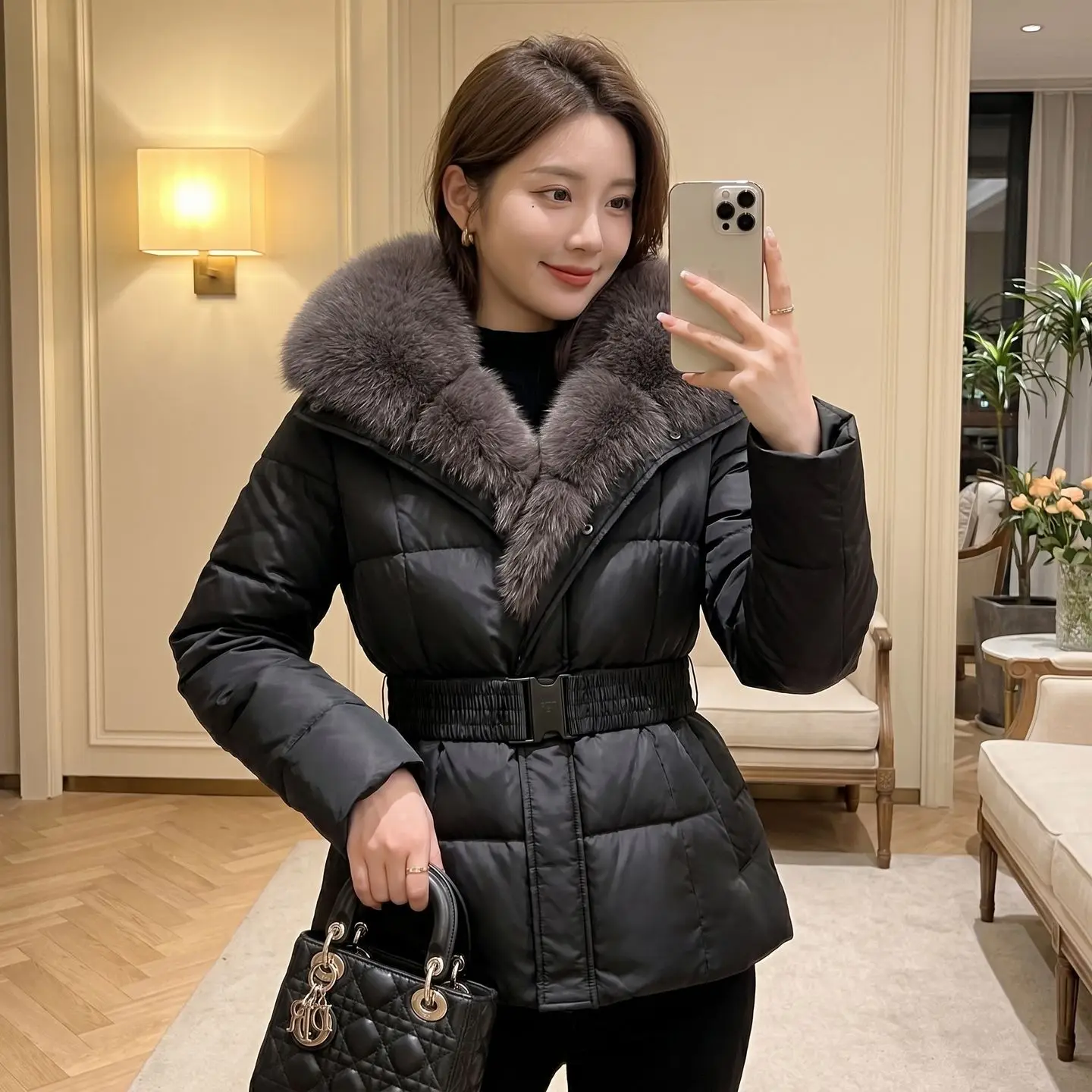 Winter Euro New Women's Down Cotton Jacket Commuting Fake Fur Slim Short Jacket