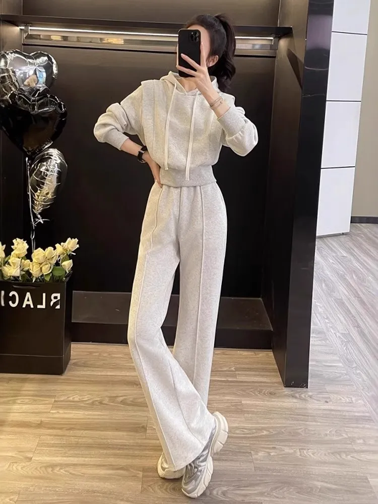 

Thiened Fce Casual Sportswear Set for Women Spring Warm Sli Slimming Anti-Aging Hoodie Two-Piece Set Long Sve Pants