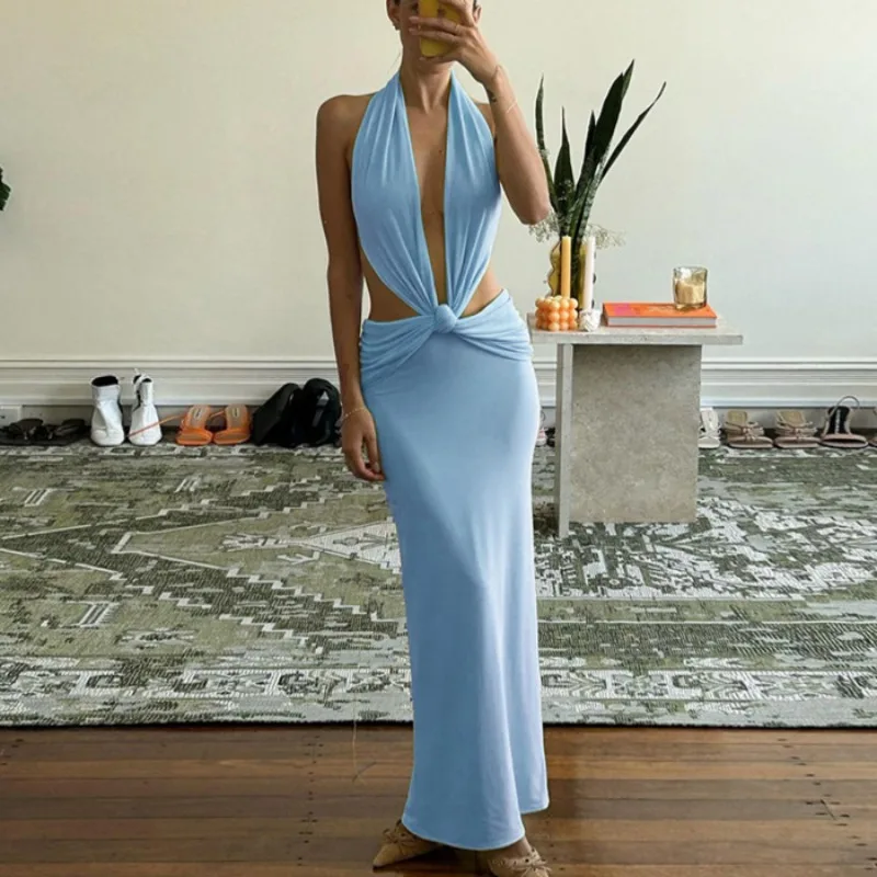 

2024 Summer Sexy Hollow Backless Elegant Long Dress Women Solid Halter Sleeveless Twist Slim Vacation Beach Street Party Robe