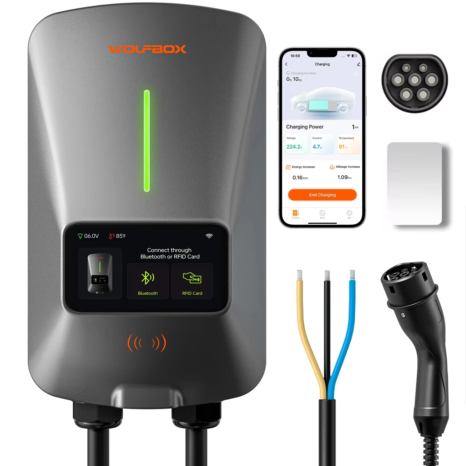 WOLFBOX EV-laadstation Type 2 7KW 32A 1-fase elektrische voertuig autolader Wallbox met LCD-scherm APP-bediening RFID-kaart