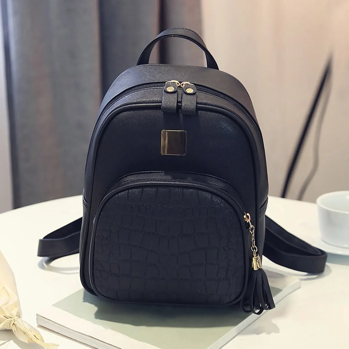 1 Pcs Women\'S Fashionable And Casual Black Lychee Pattern With Pendant Pu Material Women\'S Backpack, Suitable For Daily Use