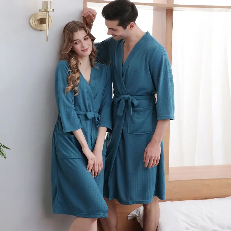 Gentlemen Elegant Senior Solid Simple Nightgowns Male Handsome Waffle Wedding Morning Bathrobe Unisex Mature Desire Shower Robe‌