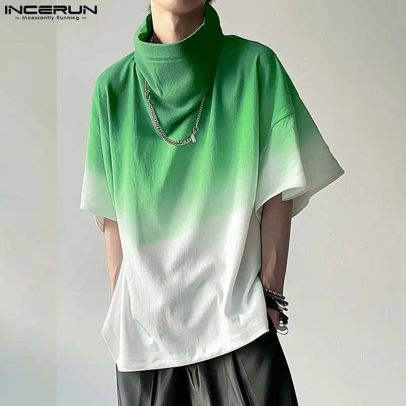 INCERUN Tops 2024 Korean Style Men\'s Gradient Color High Neck Design T-shirts Casual Streetwear Loose Half Sleeve Camiseta S-5XL