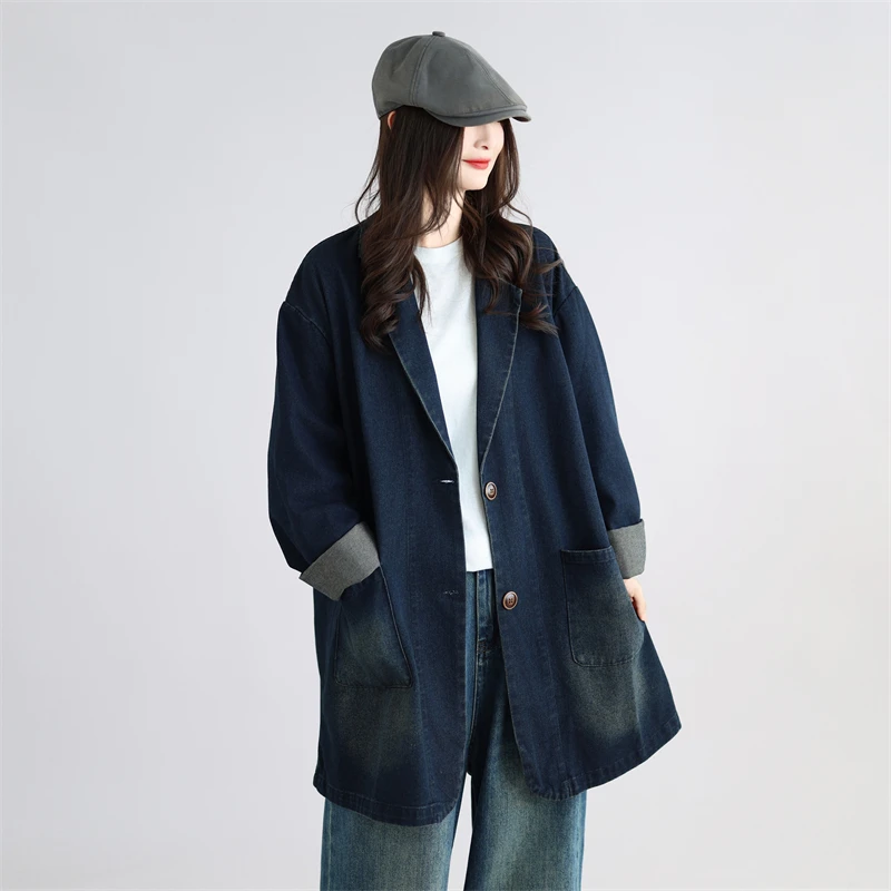 Washed Denim Jacket Women Loose Fit Long Sleeve plus Size Casual Style Artistic Vintage Lazy Fashion Cotton 100% No Stretch