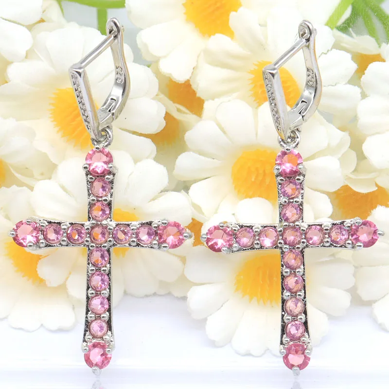 

52x27mm Classic Long Cross 7.6g Pink Tourmaline CZ Women Wedding Silver Plated Dangle Earrings