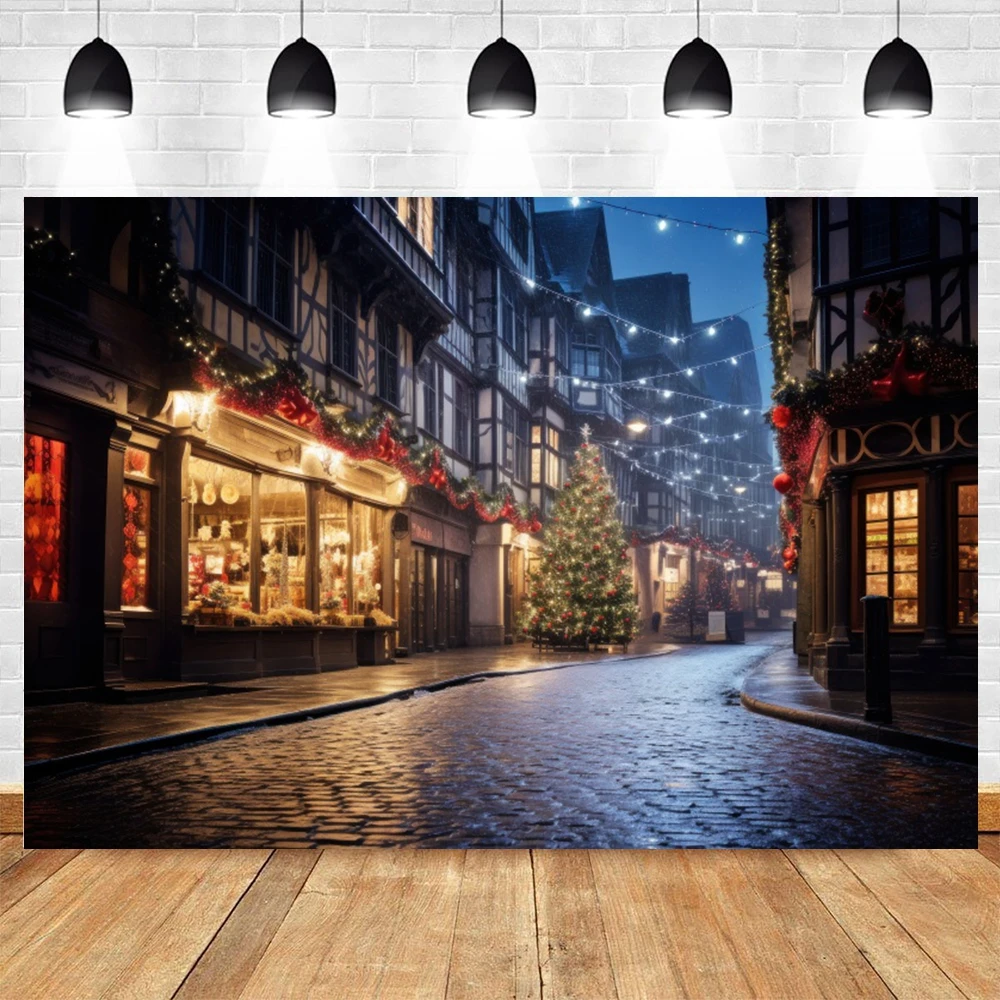 Christmas Photography Background Winter Night Snow Street Lamp Kids Family Party Portrait New Year Decor Backdrop Photo Studio