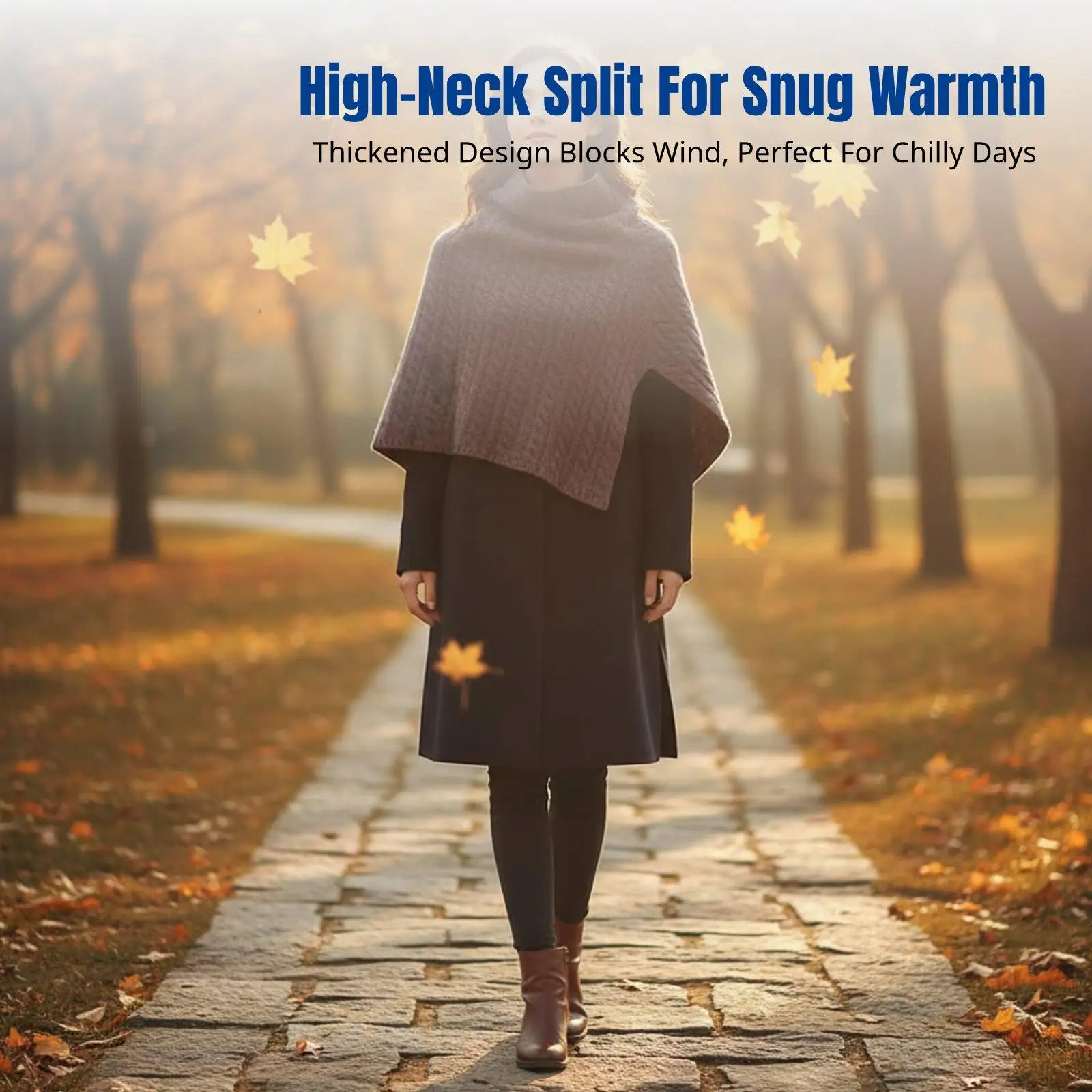 Wool Knit Thick Pullover Shawl, High Neck Split Cape, Warm Neck Scarf for Women