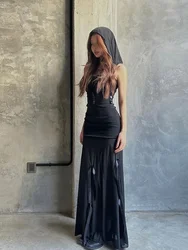 Hooded Long Dresses For Women Streetwear Mesh Y2k Clothes Strapless Vestidos De Mujer Sleeveless One Piece Robe Femme Été Fringe