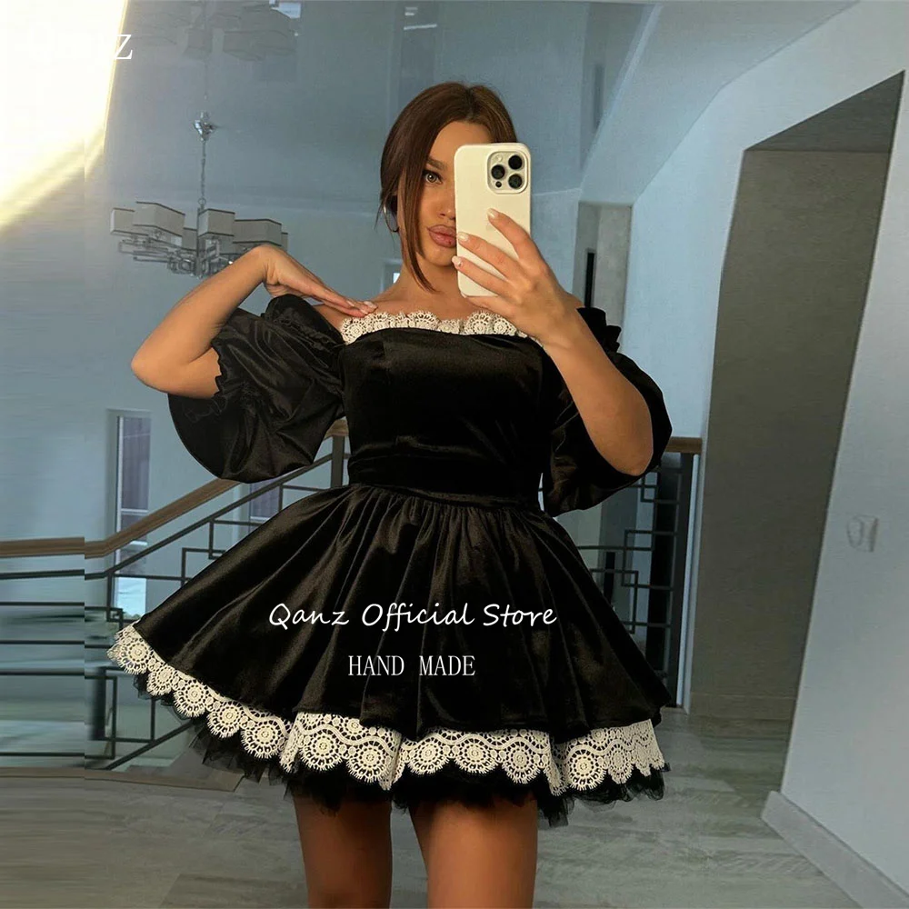 Qanz Black Velour Homecoming Dresses Short Puff Sleeves Lace Up Back Graduation Dress Vestidos Para Eventos Especiales 2024