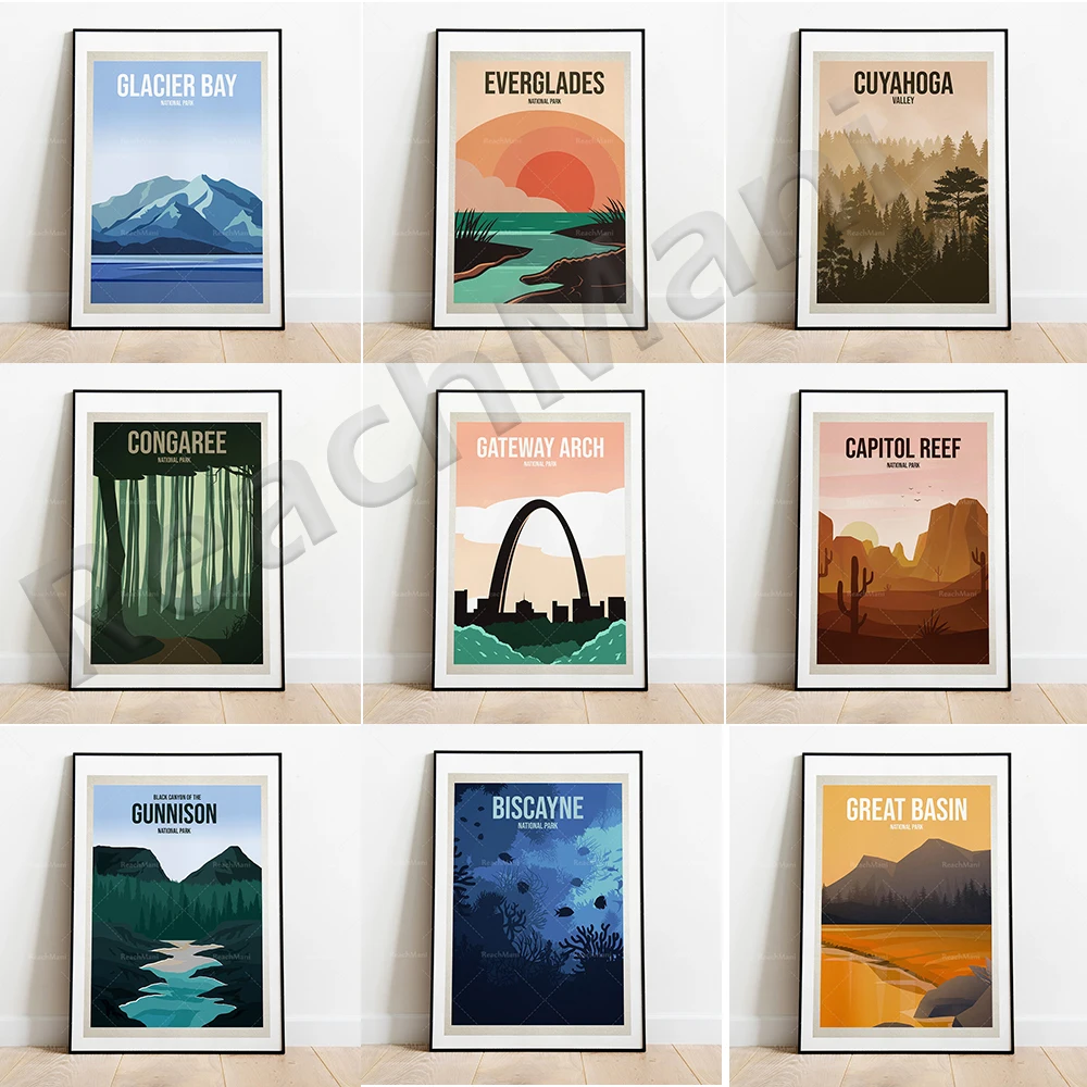 

Capitol Reef, Congaree, Cuyahoga Valley, Everglades, Gunnison, Biscayne, Glacier, Indiana Dunes US National Park Travel Poster