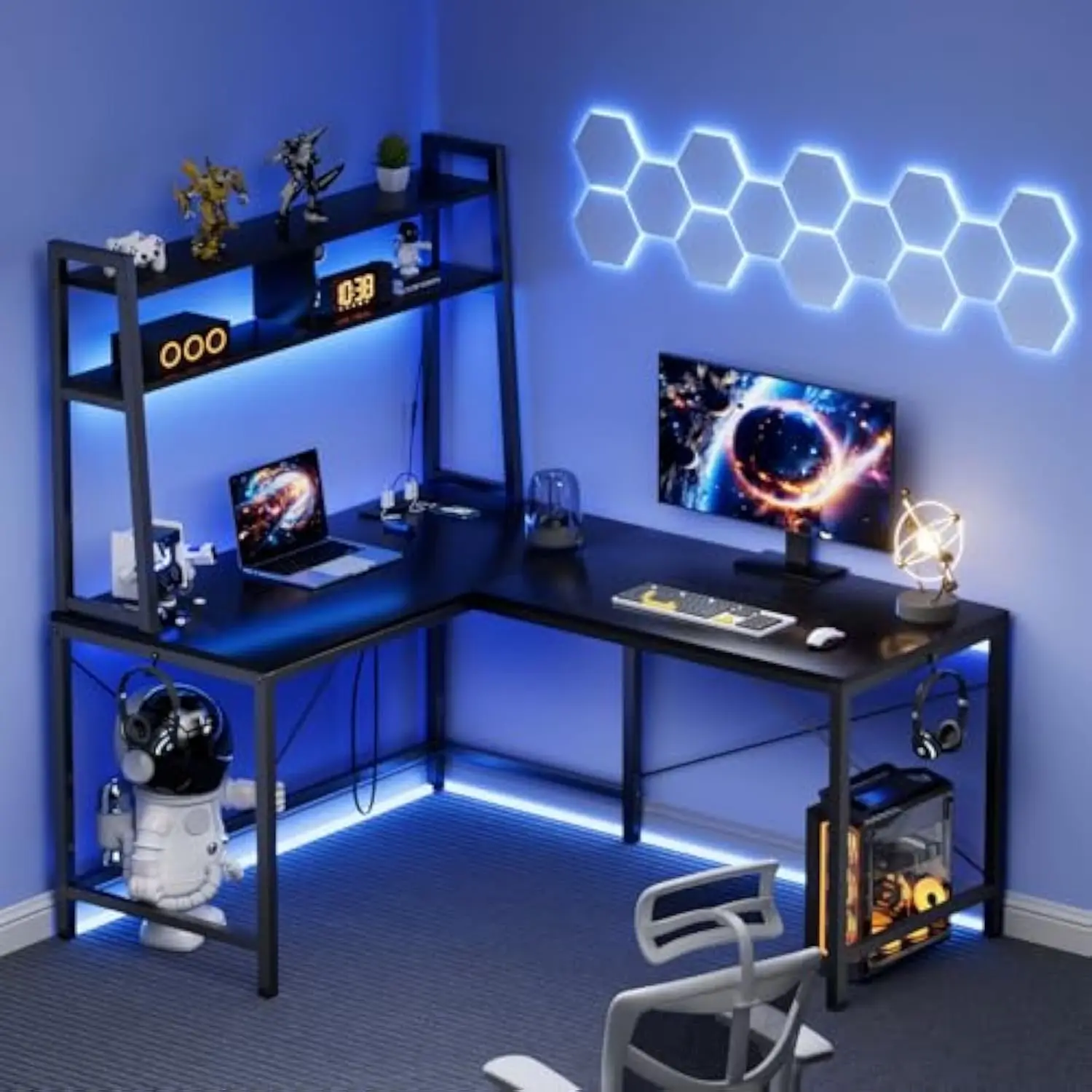 Mesa de jogos em forma de L, mesa de computador de canto de 50 polegadas com tomada elétrica e luzes LED, mesa de jogos em forma de L com armazenamento