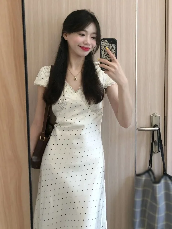 Sweet Polka Dot Slimming Long Dr Korean Sle Unique Beautiful Summer Faionable Women's Dr High Waist ort Sve V-...