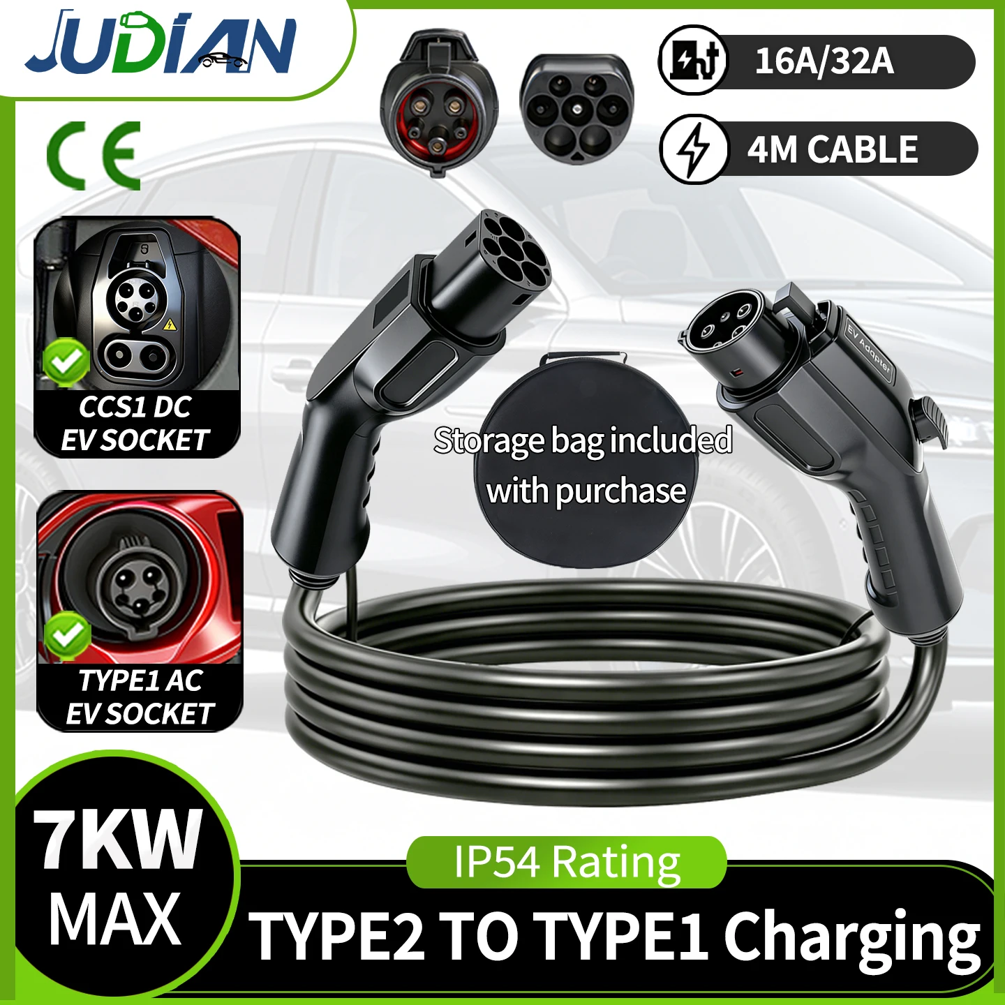 4M Electric Vehicle Charging Cable Type2 Power Supply Side to Type1 Car Side Socket 1-Phase 16A 3.5KW 32A 7KW for EV