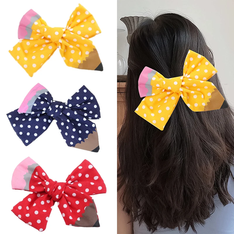 

ncmama Back To School Pencil Hair Bow for Baby Girls Cute Dot Print Bowknote Hairpin Barrettes Headwear Korean Hair Accessories